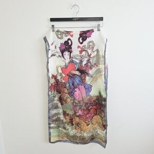 Vintage Japanese Geisha Print Fine Silk Scarf Shawl